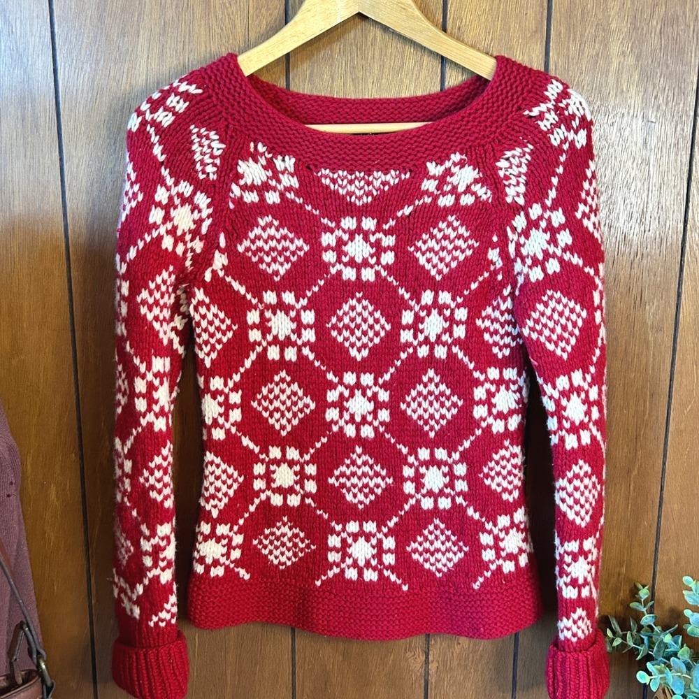 Y2k American Eagle Outfitters Hand Knit Lambs Wool Sweater Red White Size S